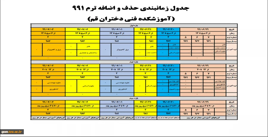 جدول زمانبندی حذف و اضافه  ترم 991 (آموزشکده فنی دختران قم) 2