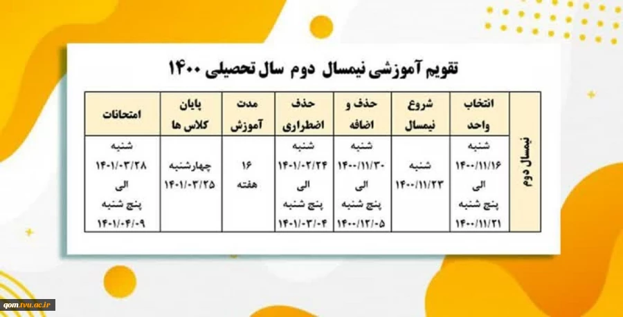 تقویم آموزشی نیمسال دوم سال تحصیلی 1400 2