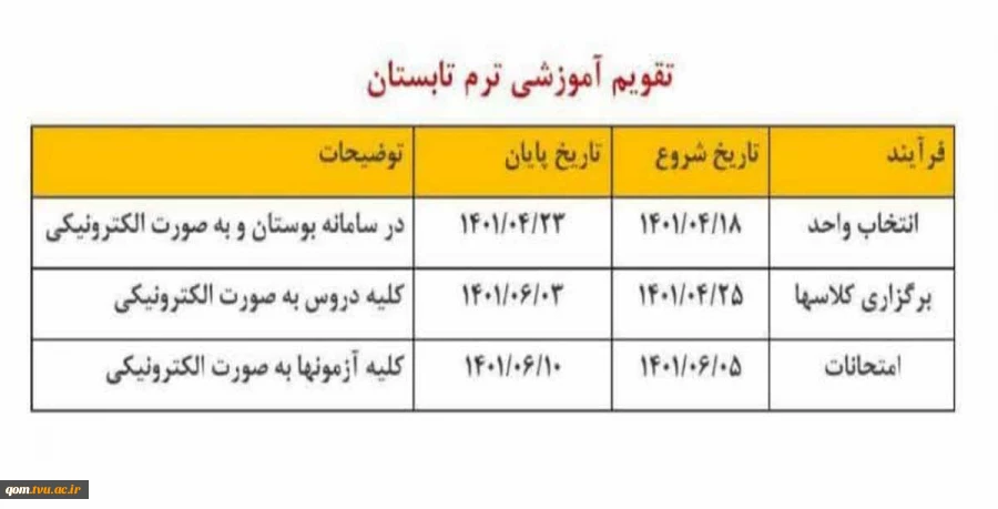 تقویم آموزشی ترم تابستان 2