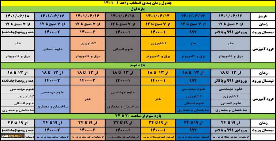 جدول زمانبندی انتخاب واحد 1-1401 2