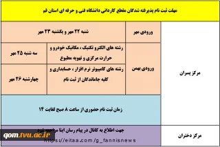 اطلاعیه مهلت ثبت نام پذیرفته شدگان مقطع کاردانی دانشگاه فنی و حرفه ای استان قم